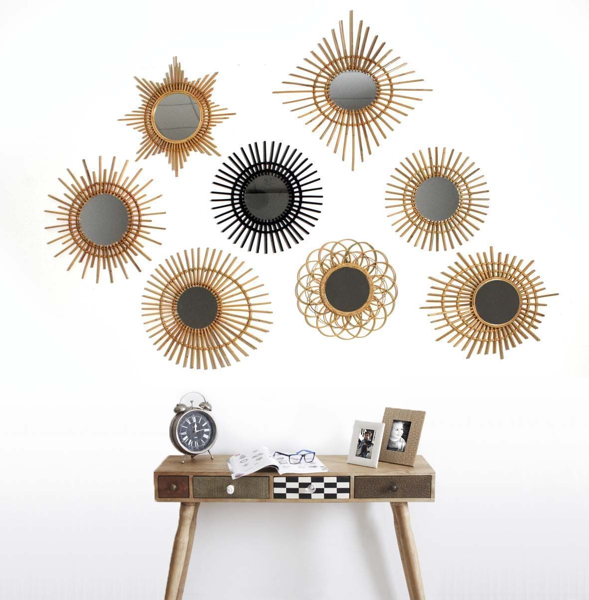 Aubry Gaspard Miroir Deco Vintage Rotin Noir Distriartisan