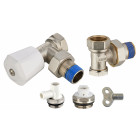 Kit complet de radiateur comprenant 1 robinet manuel équerre mâle M1/2' (15x21) + coude de réglage mâle M1/2' + 1 robinet de vidange à bec orientable M1/2' + 1 bouchon purgeur à bec orientable M1/2' + 1 clé à carré de 5 NOYON & THIEBAULT - 803578