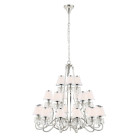 Chandelier oksana, nickel poli, pampilles cristal, 21 abat-jours blancs
