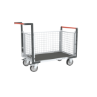 Chariot modulaire grillagé 2 dossiers + 2 ridelles, plateau bois avec tapis caoutchouc 1000 x 600 mm 500 kg