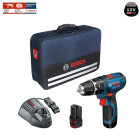 Perceuse-visseuse à percussion GSB 12V-15 + 2 x 2,0 Ah +  GAL1230CV + sac à outils Bosch
