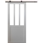 Porte coulissante atelier blanc h204 x l73 + rail à roulettes et 2 coquilles noir gd menuiseries