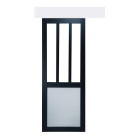 Porte coulissante atelier noir et panneaux blanc vitree h204 x l83 + rail alu bandeau blanc et 2 coquilles gd menuiseries