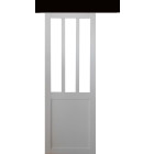 Porte coulissante atelier blanc h204 x l93 + rail alu bandeau noir et 2 coquilles gd menuiseries