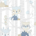 Papier peint mondo baby forest animals blanc et bleu