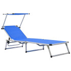 Transat chaise longue bain de soleil lit de jardin terrasse meuble d'extérieur pliable avec toit aluminium et textilène bleu helloshop26 02_0012864