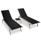 Lot de 2 transats chaise longue bain de soleil lit de jardin terrasse meuble d'extérieur avec table acier et textilène noir helloshop26 02_0012072