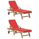 Lot de 2 transats chaise longue bain de soleil lit de jardin terrasse meuble d'extérieur avec coussins bois de teck solide rouge helloshop26 02_0012155