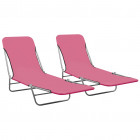 Chaises longues pliables 2 pcs acier et tissu rose