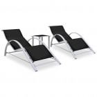 Chaises longues 2 pcs avec table aluminium noir