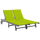 Transat chaise longue bain de soleil lit de jardin terrasse meuble d'extérieur 2 places avec coussin gris acacia helloshop26 02_0012229