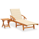 Transat chaise longue bain de soleil lit de jardin terrasse meuble d'extérieur avec table et coussin bois d'acacia helloshop26 02_0012629