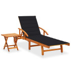 Transat chaise longue bain de soleil lit de jardin terrasse meuble d'extérieur avec table et coussin bois d'acacia helloshop26 02_0012612