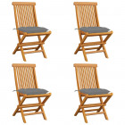 Chaises de jardin avec coussins gris 4 pcs bois de teck massif
