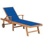 Transat chaise longue bain de soleil lit de jardin terrasse meuble d'extérieur 195 cm avec coussin bleu royal bois de teck solide helloshop26 02_0012311
