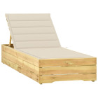 Transat chaise longue bain de soleil lit de jardin terrasse meuble d'extérieur avec coussin crème bois de pin imprégné helloshop26 02_0012436