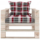 Canapé palette de jardin et coussins carreaux rouge bois de pin