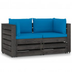 Canapé de jardin 2 places avec coussins bois imprégné de gris bleu clair