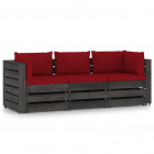 Canapé de jardin 3 places avec coussins bois imprégné de gris rouge bordeaux
