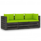 Canapé de jardin 3 places avec coussins bois imprégné de gris vert vif
