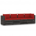 Canapé de jardin 4 places avec coussins bois imprégné de gris rouge