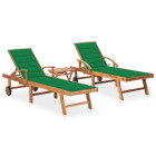 Lot de 2 transats chaise longue bain de soleil lit de jardin terrasse meuble d'extérieur avec table et coussin bois de teck solide helloshop26 02_0012091