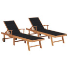 Lot de 2 transats chaise longue bain de soleil lit de jardin terrasse meuble d'extérieur avec coussin noir bois de teck solide helloshop26 02_0012034