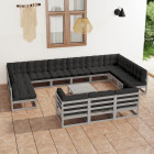 salon de jardin 14 pcs avec coussins gris bois de pin massif