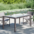 Table de jardin 150x90x75 cm verre trempé/résine tressée marron