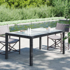 Table de jardin 150x90x75cm verre trempé et résine tressée noir