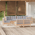 Salon de jardin 9 pcs avec coussins gris bois de pin massif