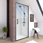 Paroi porte de douche à porte - Crush pivotante - Profile noir mat - Verre transparent 6mm - Dimensions au choix