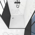 Pack complet paroi porte de douche pivotante et paroi de retour type atelier et receveur blanc effet pierre - 80x200cm - profile noir mat - verre transparent 5mm - workshop 80 + paroi retour workshop side 80 + receveur moon square 80 Aurlane - FAC423