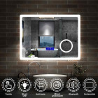 Aica miroir salle de bain 80x60cm 3 couleurs led réglable+antibuée(bluetooth haut-parleur,horloge,date,température)+grossissant