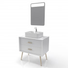 Meuble salle de bain scandinave blanc 80 cm sur pieds avec tiroir, vasque a poser et miroir led - nordik basis led 80