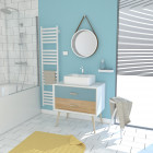 Meuble salle de bain scandinave blanc bleu et bois naturel 80 cm sur pieds avec tiroir, vasque a poser et miroir rond - nordik dubbel runt 80 Aurlane - LAV517