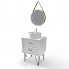 Meuble salle de bain scandinave blanc 60 cm sur pieds avec tiroir, vasque a poser et miroir rond - nordik skal runt 60 Aurlane - LAV518