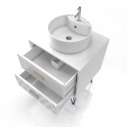 Meuble salle de bain scandinave blanc 60 cm sur pieds avec tiroir, vasque a poser et miroir rond - nordik skal runt 60
