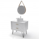 Meuble salle de bain scandinave blanc 80 cm sur pieds avec tiroir, vasque a poser et miroir rond - nordik skal runt 80 Aurlane - LAV519