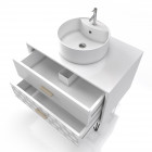 Meuble salle de bain scandinave blanc 80 cm sur pieds avec tiroir, vasque a poser et miroir rond - nordik skal runt 80