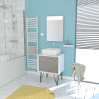 Meuble salle de bain scandinave blanc et gris 60 cm sur pieds avec portes, vasque a poser et miroir led - nordik aska led 60