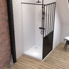Pack paroi de douche 90x200 cm noir mat - verre trempe 5mm + receveur a poser carre blanc finition pierre Aurlane - PACF059