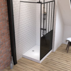 Pack paroi de douche 100x200 cm noir mat + receveur haut a poser 100x80 blanc effet pierre Aurlane - PACF062