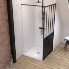 Pack paroi de douche 90x200 cm noir mat + receveur haut a poser 90x90cm - blanc effet pierre Aurlane - PACF072