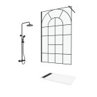 Paroi de douche 120x195 motif verrière + receveur blanc 80x120 + colonne de douche noire thermostatique Aurlane - PACF275