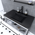Pack meuble de salle de bain 80x50cm blanc - 2 tiroirs blanc - vasque résine noire effet pierre et miroir led noir mat - structura p017 Aurlane - PACM017