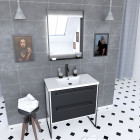 Pack meuble de salle de bain 80x50cm blanc - 2 tiroirs noir mat - vasque résine blanche et miroir led noir mat - structura p022
