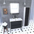 Pack meuble de salle de bain 80x50 noir - 2 tiroirs + vasque resine blanche + miroir + colonne