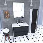 Pack meuble de salle de bain 80x50 cm noir - vasque résine blanche + miroir noir mat + colonne Aurlane - PACM025
