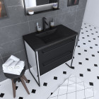 Meuble de salle de bain 80x50cm blanc - 2 tiroirs noir mat - vasque résine noire effet pierre - structura p027 Aurlane - PACM027